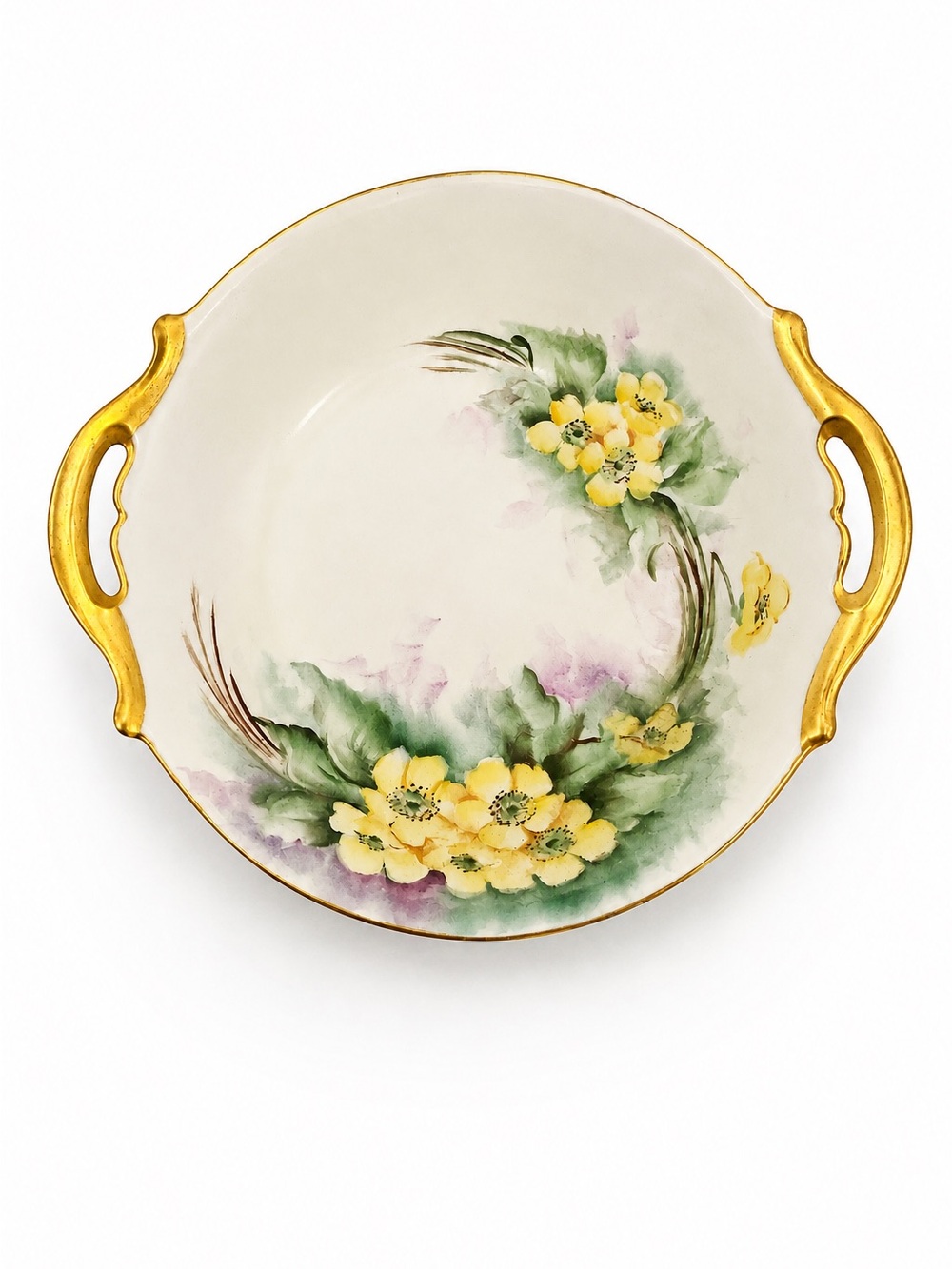 Vintage Porcelain Floral Handled Tray Gold Trim Yellow Flowers
